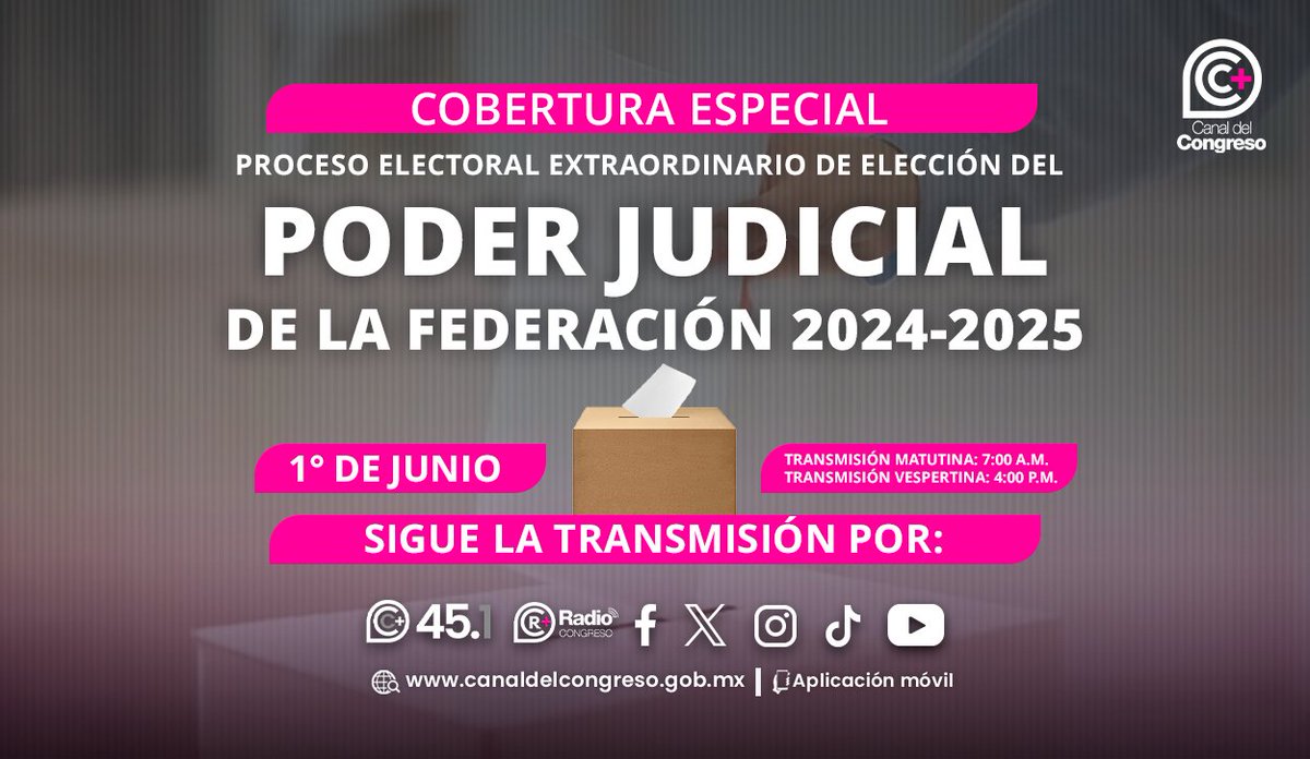 ⚖️ ¡Histórico en México! Por primera vez, se llevará a cabo un proceso electoral para elegir cargos en el #PoderJudicial. 🗳️

Acompáñanos mañana en nuestra cobertura especial y sé testigo de este momento sin precedentes. 🇲🇽

🕖 7:00 a. m.
🕓 4:00 p. m.

Por todas nuestras