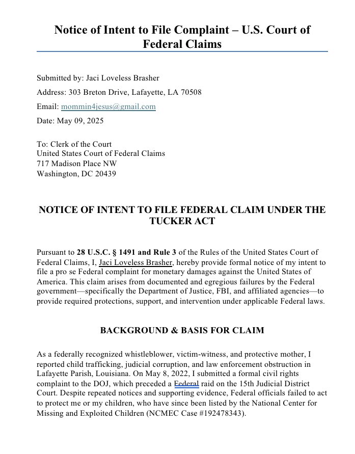 JaciLoveless's tweet image. Jaci Loveless Brasher has officially notified the U.S. Court of Federal Claims that she is suing the #UnitedStates government under a special Federal law called the #TuckerAct. This law allows citizens to seek money damages when the government has #violated their rights or failed…