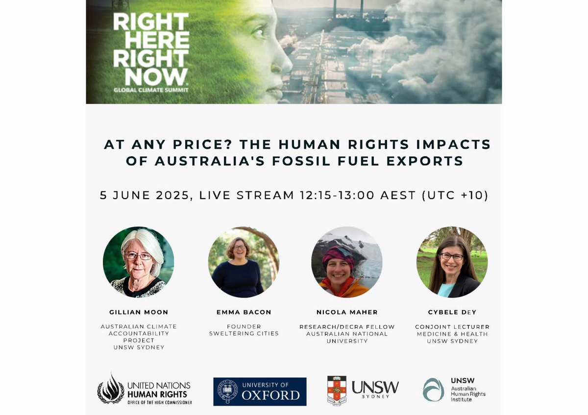 So looking forward to being part of the <a href="/unsw/">UNSW</a> "AT ANY PRICE? THE HUMAN RIGHTS IMPACTS OF AUSTRALIA'S FOSSIL FUEL EXPORTS" this Environment Day the 2025 GLOBAL CLIMATE SUMMIT. To join in person or online Thursday 5th June 12:15pm-1pm (AEST) lnkd.in/ggrFX77b <a href="/SwelteringCity/">SwelteringCities</a>