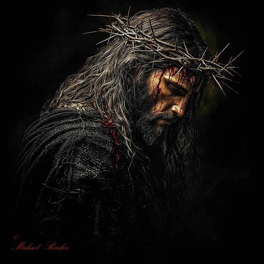 fineartamerica.com/featured/the-k…
" The King of Kings "
By Artist Michael Rucker 
Copyright ©️ 

Description :
Jesus Christ the Son of God wearing a crown of thorns, with blood trickling down his face. His long hair and solemn expression are accentuated by the dark background.