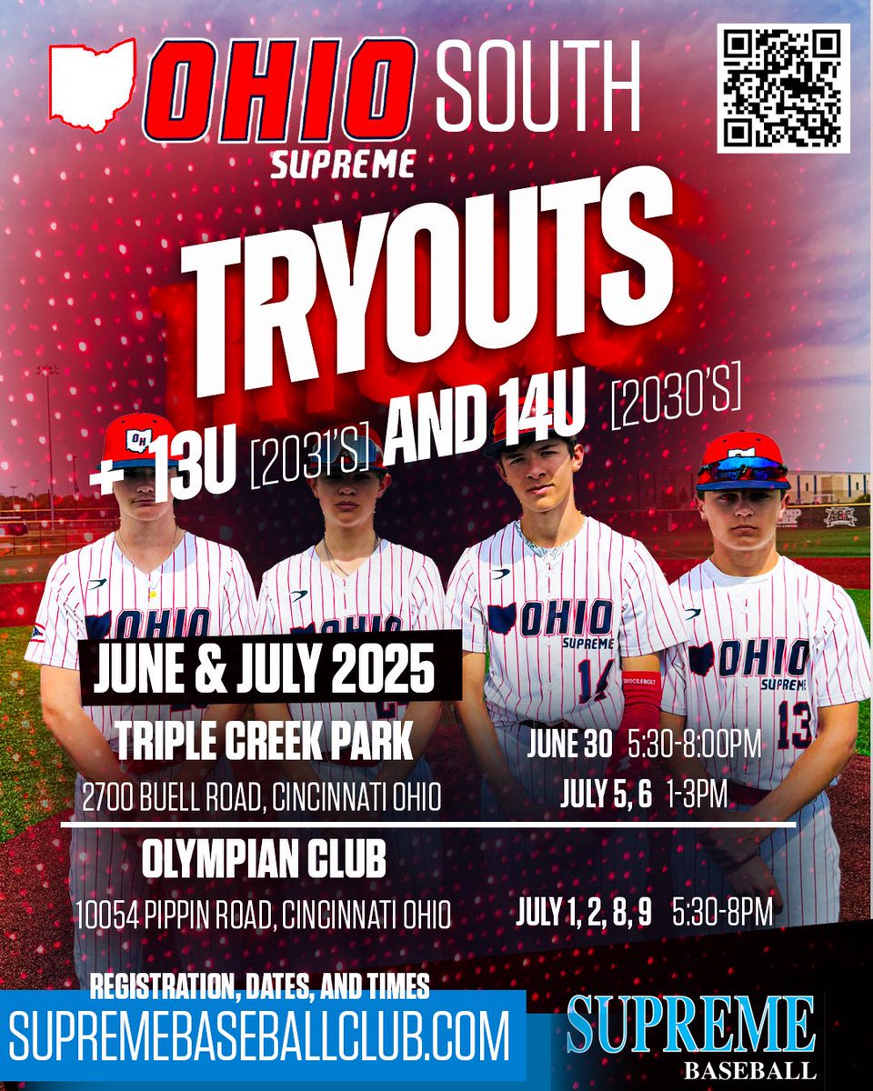 Ohio Supreme Baseball (@ohiosupreme) on Twitter photo Southern Ohio Tryouts Posted! <a href="/SBCNation/">Supreme Baseball Club</a>
14u 13u
Triple Creek Park 2700 Buell Road, Cincinnati Ohio 45251
6/30 5:30-8:00pm
7/5 1-3pm
7/6 1-3pm
Olympian Club 10054 Pippin Road, Cincinnati Ohio 45231
7/1 5:30-8:00pm
7/2 5:30-8:00pm
7/8 5:30-8:00pm
7/9 5:30-8:00pm Southern Ohio Tryouts Posted! <a href="/SBCNation/">Supreme Baseball Club</a>
14u 13u
Triple Creek Park 2700 Buell Road, Cincinnati Ohio 45251
6/30 5:30-8:00pm
7/5 1-3pm
7/6 1-3pm
Olympian Club 10054 Pippin Road, Cincinnati Ohio 45231
7/1 5:30-8:00pm
7/2 5:30-8:00pm
7/8 5:30-8:00pm
7/9 5:30-8:00pm