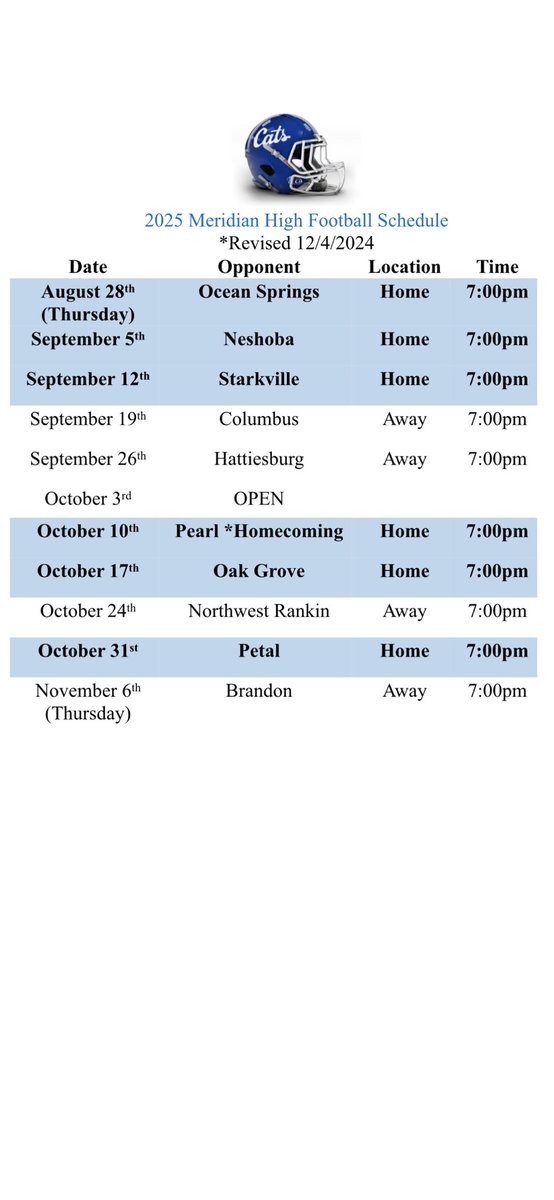 CTeducator's tweet image. The Meridian High School 2025 Football Schedule! 💙💙💙