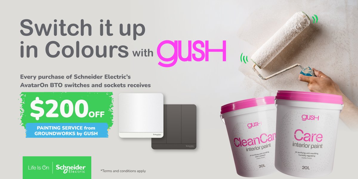 ✨ Switch it up in colours! ✨ Get a $200 OFF painting service by Groundworks by <a href="/gushearth/">Gush</a> when you purchase Schneider Electric's AvatarOn BTO switches and sockets! Plus, enjoy a FURTHER DISCOUNT on the Gush Care &amp; Cleancare package. Time to refresh your space!