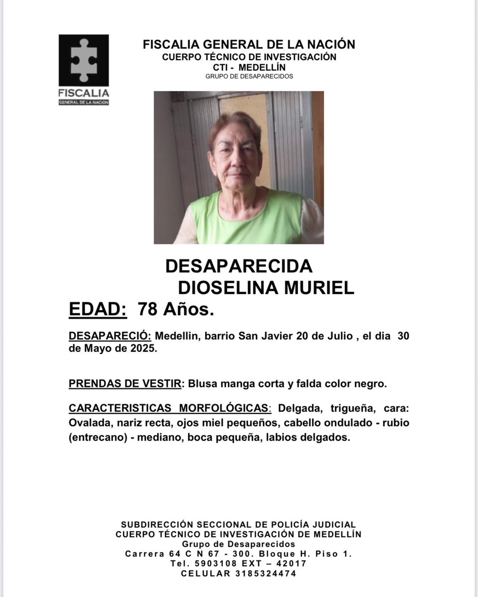 Dioselina Muriel salió ayer a las 3:00 p.m. de su casa en San Javier - Medellín, es una persona mayor, con atención psiquiátrica y todavía no regresa. Si la ven, por favor comunicarse al celular 3185324474

<a href="/arcilaDDHH/">Carlos Alberto Arcila Valencia</a> <a href="/AlcaldiadeMed/">Alcaldía de Medellín</a> <a href="/ConcejoMedellin/">Concejo de Medellín</a>
