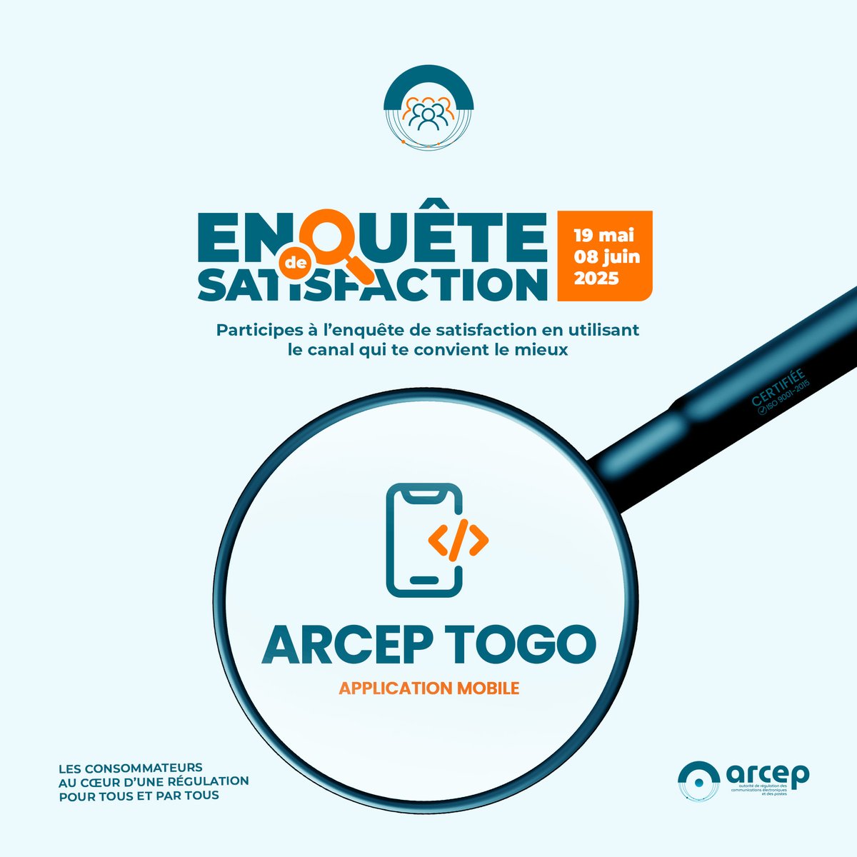 Ton avis compte!
L'enquête de satisfaction continue.
Télécharges l'application mobile ARCEP TOGO pour y participer. 
#régulationdesservicesdetelecommunications 
#régulationparladonnée #ArcepTogo 
<a href="/YasTogo/">Yas Togo</a> 
<a href="/moovafricatg/">Moov Africa Togo</a>  #enquêtedesatisfaction