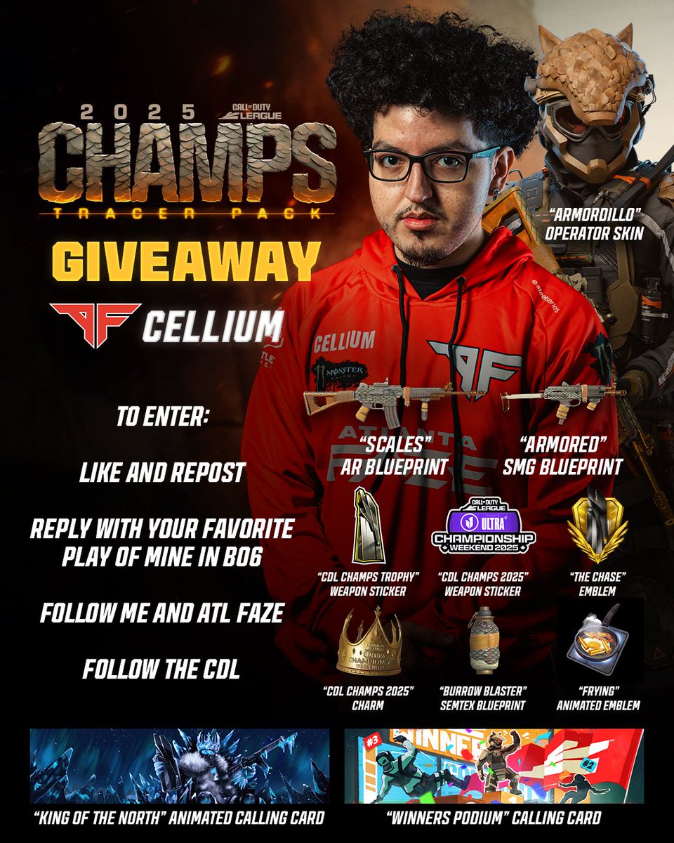 FaZe Cellium (@cellium) on Twitter photo Need a code for the Champs bundle? 🤔
- Giving away 10 codes
- Follow <a href="/Cellium/">FaZe Cellium</a> <a href="/ATLFaZe/">Atlanta FaZe</a> <a href="/CODLeague/">Call of Duty League</a>
- Like and Repost
- Reply with your fav play of mine from this season
Winners will be selected on 6/2 Need a code for the Champs bundle? 🤔
- Giving away 10 codes
- Follow <a href="/Cellium/">FaZe Cellium</a> <a href="/ATLFaZe/">Atlanta FaZe</a> <a href="/CODLeague/">Call of Duty League</a>
- Like and Repost
- Reply with your fav play of mine from this season
Winners will be selected on 6/2
