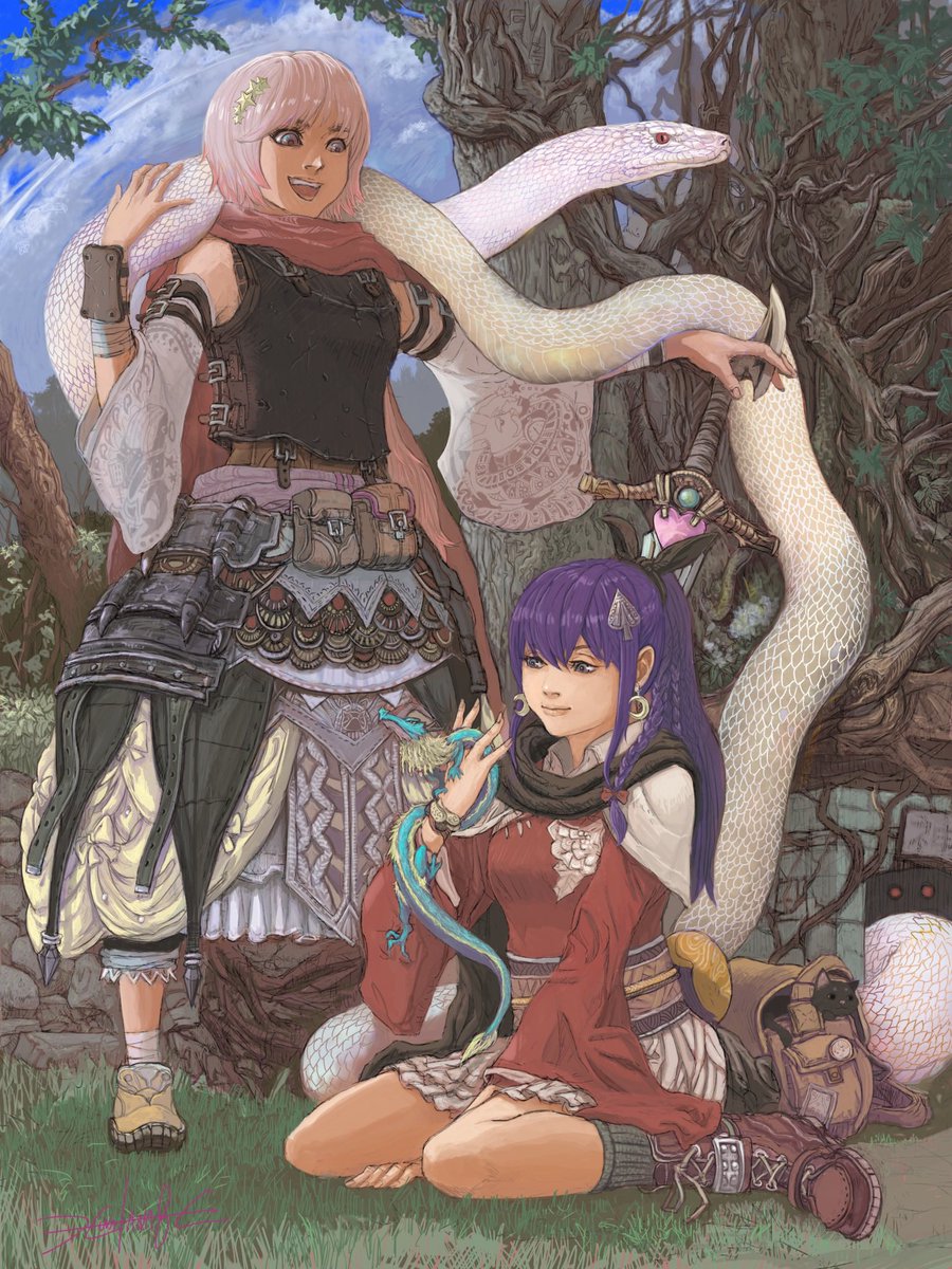魔法使いの姉と魔法剣士の妹を題材にした姉妹シリーズ最新絵で、今年初筆入れのカラーイラストの完成です！(長っ)😅
枯れ木にも新芽が生まれ賑やかな画面になりました！
どうぞ見てやってくださいましっ😆
＃創作　＃イラスト　＃OC