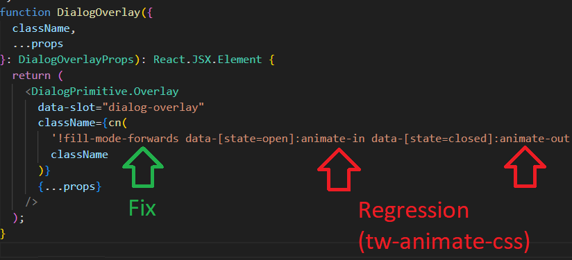 Upgrading to the latest <a href="/tailwindcss/">Tailwind CSS</a> 4 and the updated <a href="/shadcn/">shadcn</a> /ui new york style.

If you have an issue that a modal flashes/reappears shortly, there is a missing fill-mode because the underlying tailwind animation library changed.

github.com/Wombosvideo/tw…