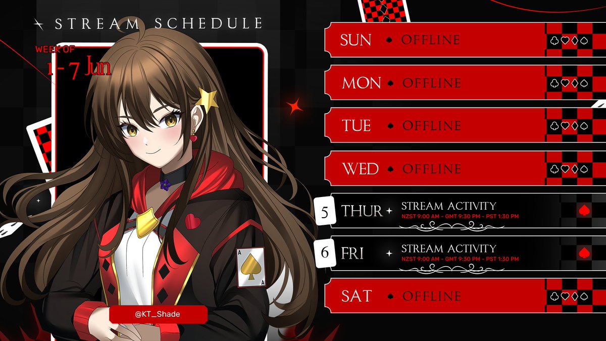 Hey everyone! As promised I have a Stream Schedule for this week! 😃 I'll be Debuting this Thursday with some League of Legends Gaming! 

I've put a few varied times on there cause I live in an awkward timezone. Can't wait to see you there! <3