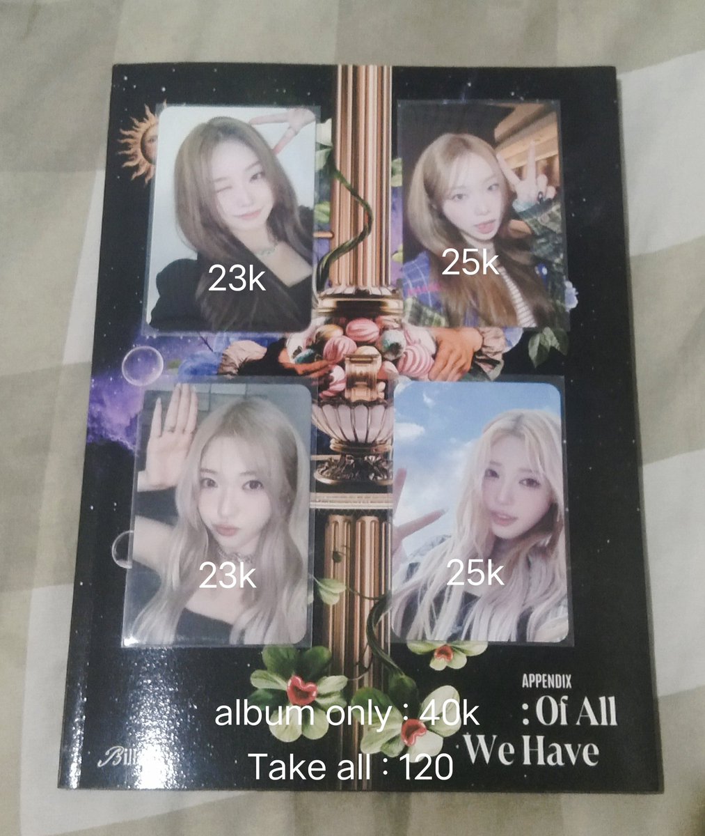 reiblinky_'s tweet photo. WTS || Want To Sell

PC &amp; Album Billie

📍Bandung
• Co via oren
• Good condi

PC :
• Sheon 23k
• Siyoon 25k
• Haram 23k
• Tsuki 25k

Album only : 40k

TAKE ALL : 120k https://t.co/QKOCCYK5g8