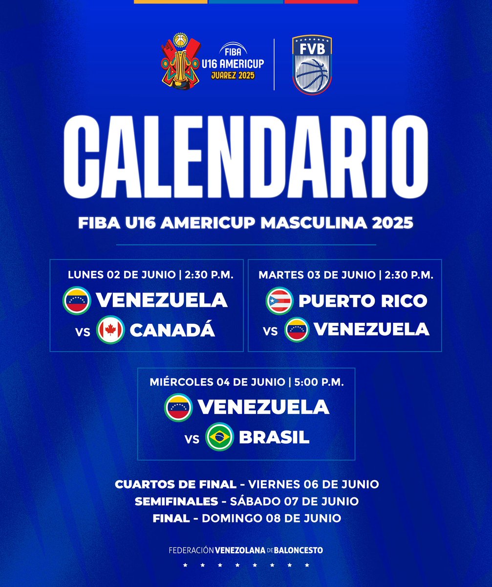 FVB ๐ป๐ช๐ (@fvbbasketball) on Twitter photo ๐ Calendario: FIBA <a href="/AmeriCup/">FIBA AmeriCup</a> U16 masculina 2025.
๐ Gimnasio Universitario UACJ, Ciudad Juรกrez ๐ฒ๐ฝ.
๐ซ Entrada libre.
๐ด Transmisiรณn de cada partido en el canal de FIBA en YouTube.
#U16AmeriCup
#JuegaElFuturo ๐ Calendario: FIBA <a href="/AmeriCup/">FIBA AmeriCup</a> U16 masculina 2025.
๐ Gimnasio Universitario UACJ, Ciudad Juรกrez ๐ฒ๐ฝ.
๐ซ Entrada libre.
๐ด Transmisiรณn de cada partido en el canal de FIBA en YouTube.
#U16AmeriCup
#JuegaElFuturo