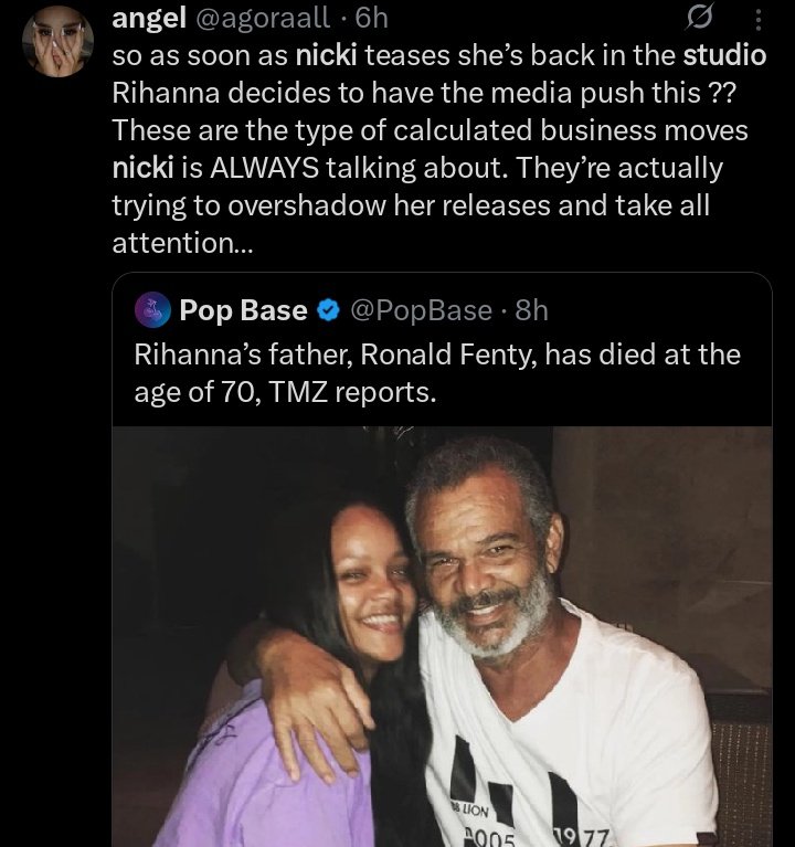 3 different bot accts trying to set nicki up  quoting the same post about rihanna's dad yeah they're getting real desperate......