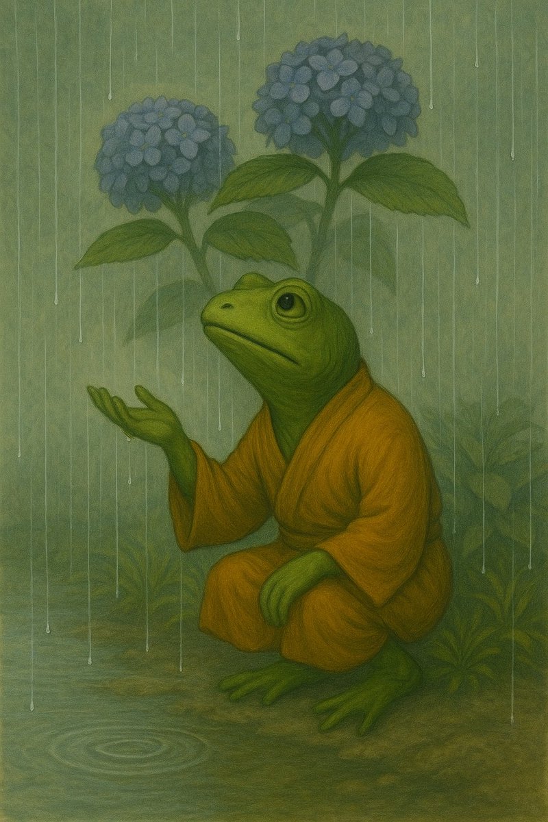 SatoriHopper's tweet photo. 🐸☔
Rain, no rush.
Even silence wears petals.
雨、あわてず。
沈黙にさえ、花びらが咲く。
#SatoriHopper
#ZENART
#FROGART
#禅蛙
#Frogman
#梅雨の朝
#アジサイと禅
#ZENFANTASY https://t.co/vP3kWliphp
