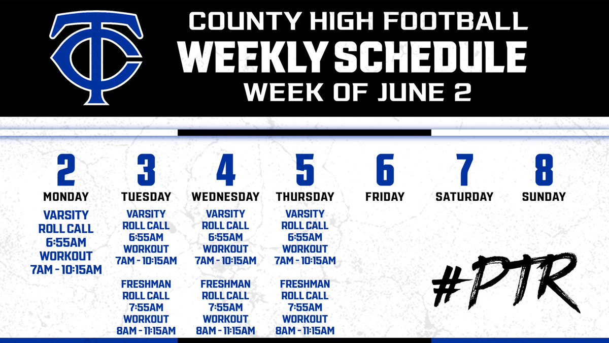 #Reminder - Summer Workouts Begin Monday #PTR
Varsity: Monday - Thursday 
Freshmen: Tuesday - Thursday