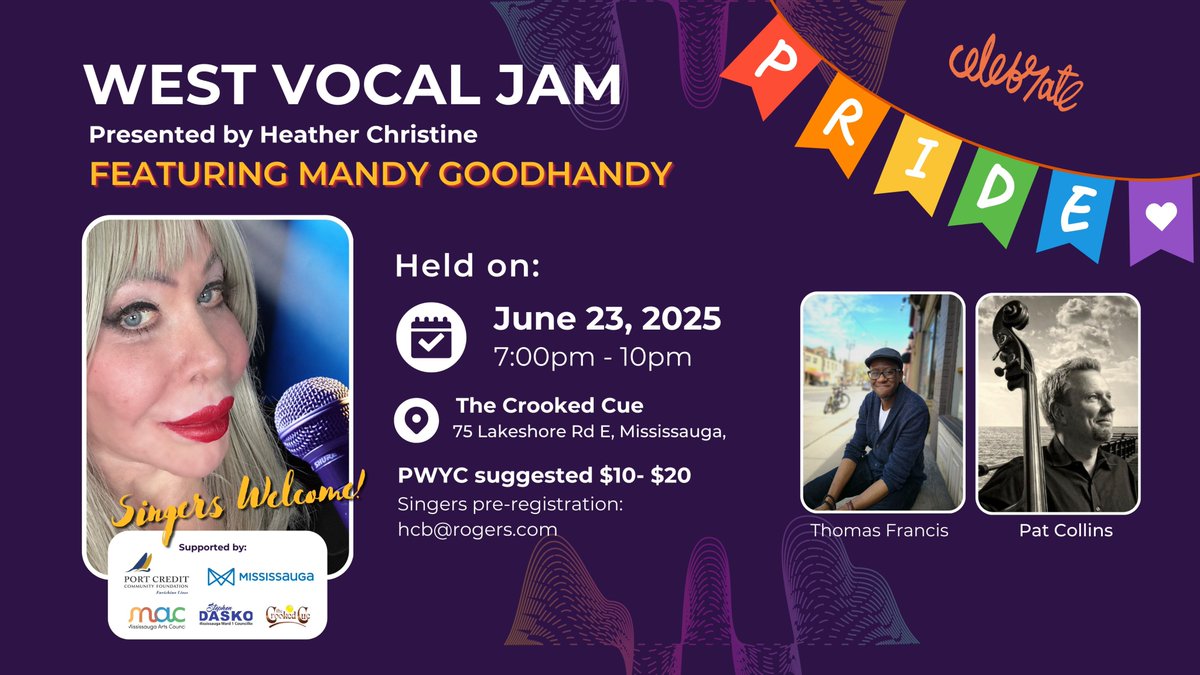 Singers &amp; music lovers! Celebrate #PRIDE 🏳️‍🌈 at the next edition of West Vocal Jam feat Mandy Goodhandy!  You are welcome to a new event created to support vocalists in an  encouraging environment. June 23 at 7pm at the Crooked Cue in  Port Credit. heatherchristine.ca/event/6083765/…