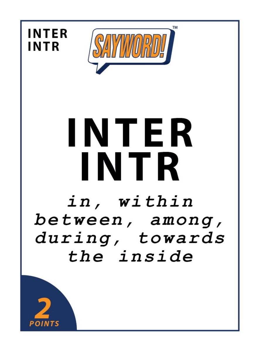 saywordgame's tweet image. 1) Comment with a word containing “INTER/INTR” meaning “BETWEEN” or “WITHIN”. No Repeats!
2) Tag the next player. No tag-backs!
3) For a chance to win a free copy of SAYWORD! , like, follow, & repost (not quote)! (Previous winners also eligible) #giveaway #clearthelist…