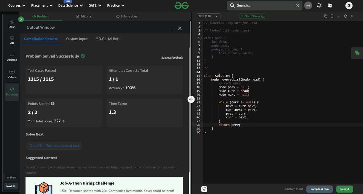 sapfire955's tweet image. 📜 Day 65 of #gfg160
Cracked “Reverse a Linked List” 🔁
Classic pointer-play in #JavaMode 💻
Used 3-pointer approach in O(n) ⏱️
No extra space, just smart moves! 🧠
Head-first into DSA basics 🧩
Thanks @geeksforgeeks 🙌
#dsa #linkedlist #geekstreak2025 #100DaysOfCode