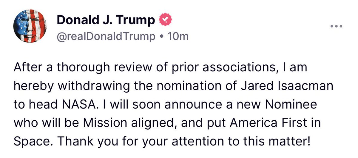 Trump makes the announcement: He’s withdrawing his nomination of Jared Isaacman to head NASA and will “soon announce a new nominee who will be Mission aligned, and put America First in Space”