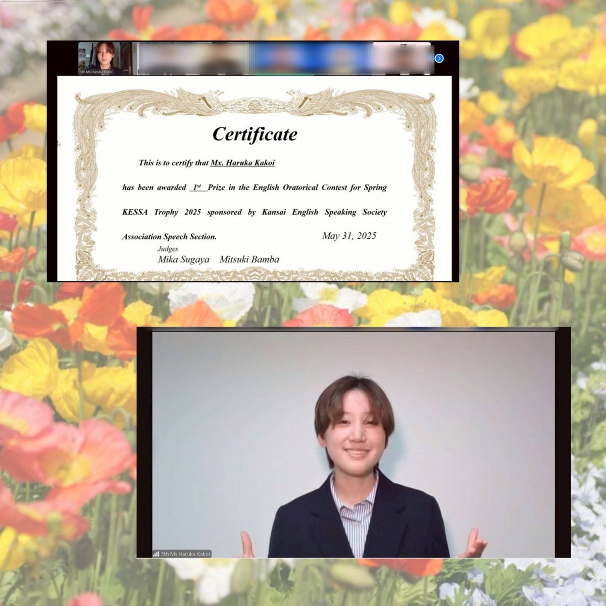 TessSpeech's tweet photo. 🌸春KESSA杯報告🌸
春KESSA杯に、TESSからかこちゃんが出場しました！

結果はなんと1位🥇✨

TESSの切込隊長は健在です🫰

関西学生英語会連盟の皆様、素敵な大会をありがとうございました！ https://t.co/lum0MYT2fq