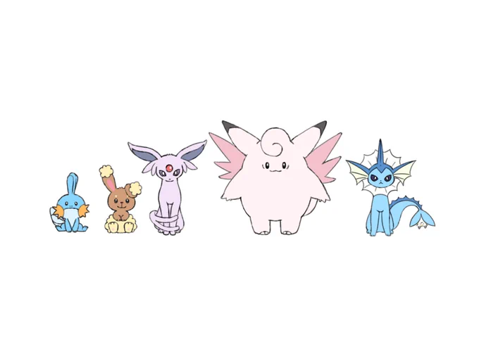 てなわけで。 お祝い絵で描かせていただくすばやさMAXだった5匹がこちら。 ミズゴロウ、ミミロル、エーフィ、ピクシー、シャワーズ。 この順番で描いていくぜ。わくわく
