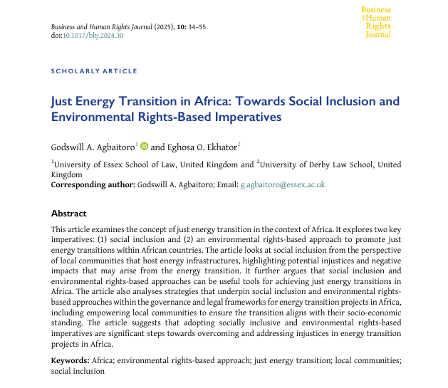 BHR Journal (@bhrjournal) on Twitter photo Congratulations to Godswill A. Agbaitoro and Eghosa O. Ekhator for their latest scholarly article on "Just Energy Transition in Africa: Towards Social Inclusion and Environmental Rights-Based Imperatives."
🔓OPEN ACCESS 🔓
cambridge.org/core/journals/… Congratulations to Godswill A. Agbaitoro and Eghosa O. Ekhator for their latest scholarly article on "Just Energy Transition in Africa: Towards Social Inclusion and Environmental Rights-Based Imperatives."
🔓OPEN ACCESS 🔓
cambridge.org/core/journals/…