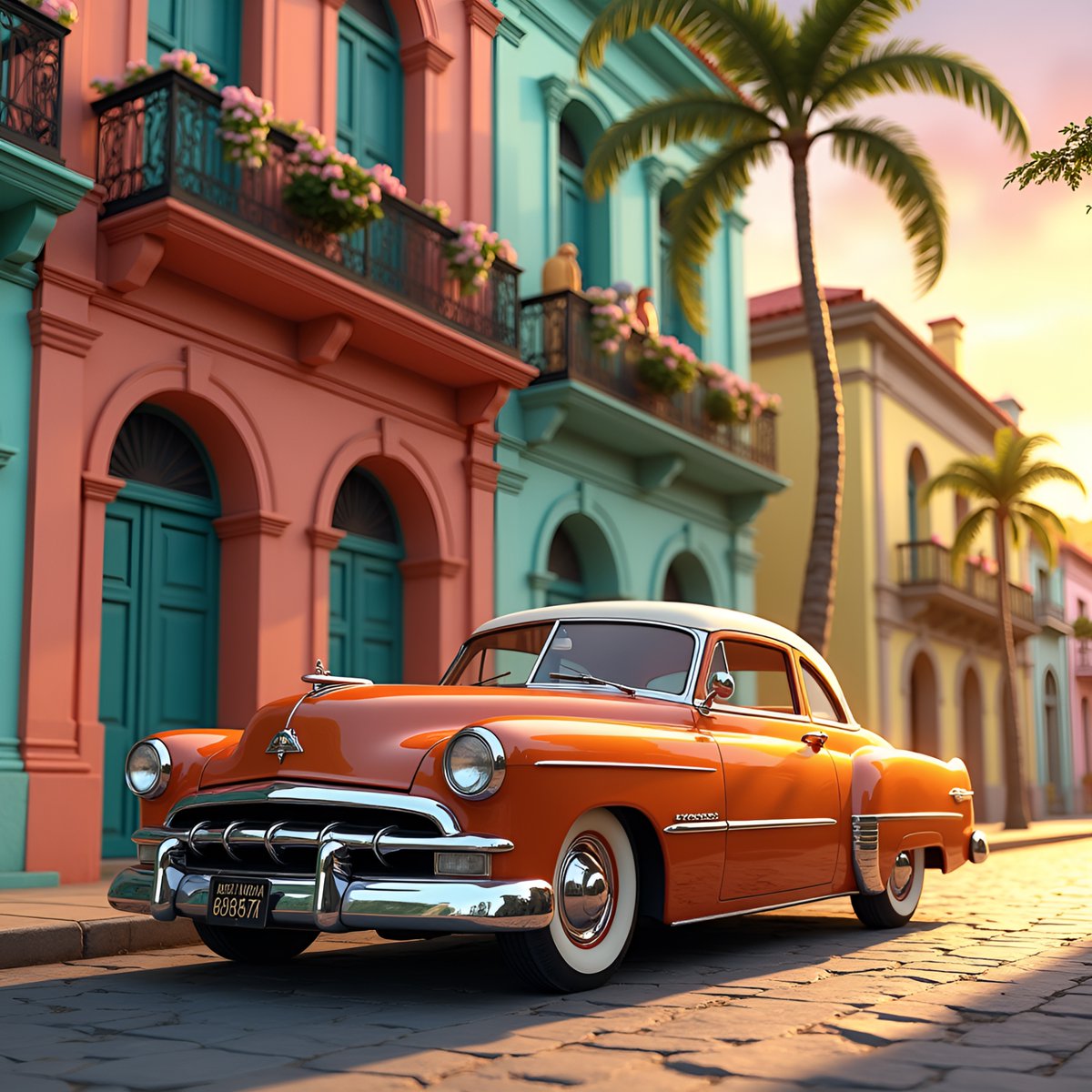 PromptSin's tweet photo. Vintage vibe in vibrant colors 🌺🚗 #RetroBeauty #ColorfulStreets https://t.co/42i6uNsNGH