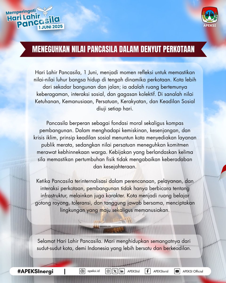 Hari Lahir Pancasila, 1 Juni, menjadi momen refleksi untuk memastikan nilai‐nilai luhur bangsa hidup di tengah dinamika perkotaan. 

SELAMAT HARI LAHIR PANCASILA

#APEKSInergi
#dariapeksiuntuknegeri
#ceritakotaceritakita
#harilahirpancasila