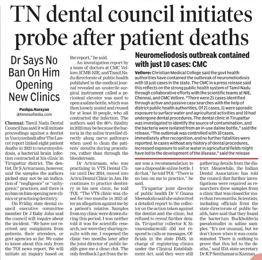 Toi_pushpa_n's tweet image. #Update "No one stopped me or said I was wrong," says dentist Dr Arivarasan in whose clinic contaminated #saline caused #brain infections, #8 #deaths in 2023 as per @TheLancet. "given a clean chit by #dms. No enquiry/ban from dental council" @TOIChennai
@timesofindia