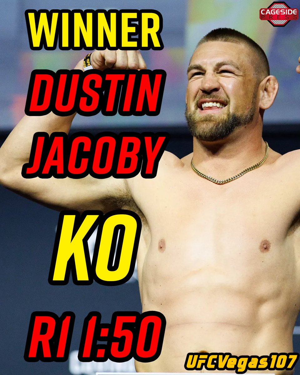 Cagesidepress's tweet photo. OFFICIAL: Dustin Jacoby def. Bruno Lopes via R1 KO, 1:50 #UFCVegas107
Story coming to https://t.co/jL0SC6PlFh
#UFC #MMA #LasVegas #UFCAPEX #DustinJacoby https://t.co/VJHqRS85oq