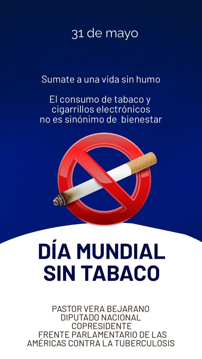 Pastor Vera Bejarano | Diputado Nacional ( PLRA) (@dippastorvera) on Twitter photo 31 de mayo | Día Internacional sin tabaco
El tabaco y la tuberculosis:
▶️ Fumar duplica los riesgos de tuberculosis.
▶️ El tabaquismo hace menos efectivo el tratamiento contra la tb.
▶️ Aumenta las posibilidades de recaídas y muerte
<a href="/SoledadTamayoT/">Soledad Tamayo</a> <a href="/GalloCantera/">Luis Enrique Gallo</a> <a href="/raseltome/">Rasel Tome</a> 31 de mayo | Día Internacional sin tabaco
El tabaco y la tuberculosis:
▶️ Fumar duplica los riesgos de tuberculosis.
▶️ El tabaquismo hace menos efectivo el tratamiento contra la tb.
▶️ Aumenta las posibilidades de recaídas y muerte
<a href="/SoledadTamayoT/">Soledad Tamayo</a> <a href="/GalloCantera/">Luis Enrique Gallo</a> <a href="/raseltome/">Rasel Tome</a>