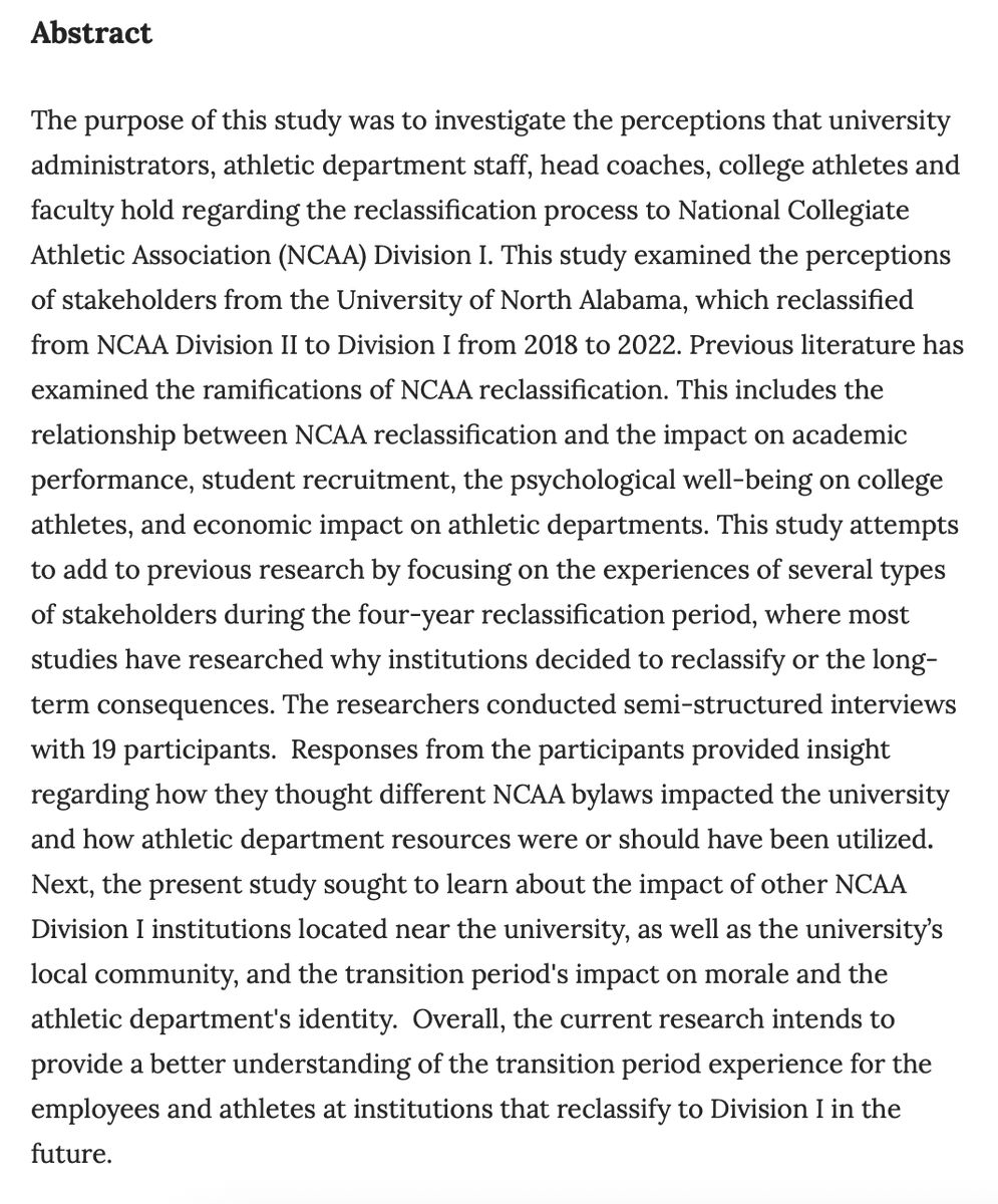 JofInterSport's tweet image. First article of the new issue:
University Stakeholder Perceptions of NCAA Reclassification during the Transition Period: A Case Study of the University of North Alabama
Jim Watkins
Ella Bennett
doi.org/10.17161/jis.v…