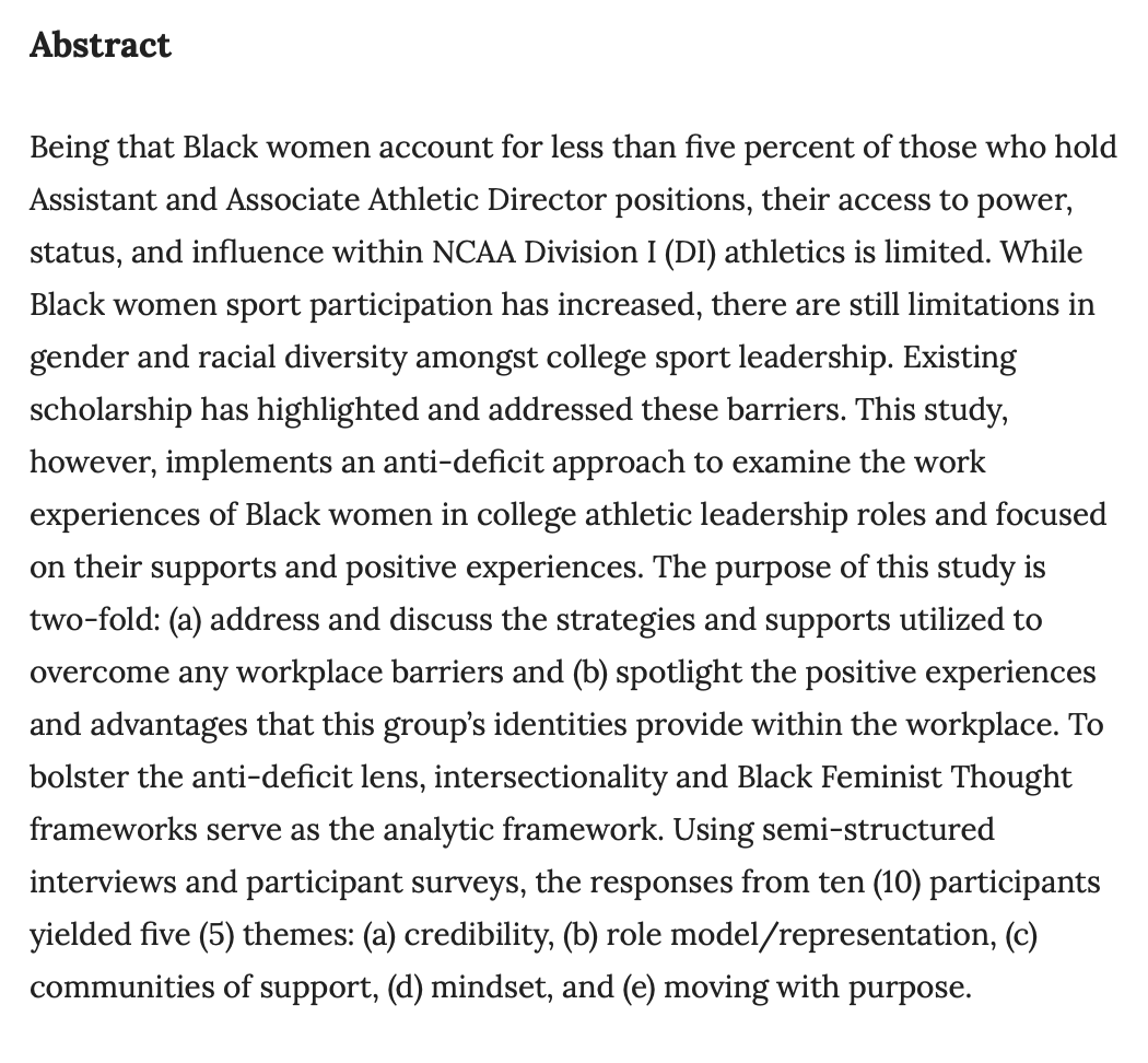 JofInterSport's tweet image. Second article from the new issue:
An Illustration of Hope: An Anti-Deficit Approach to Understand the Lived Experiences of Black Women Athletic Administrators
Leah Brundidge
Kristi Oshiro
Andrew Goldsmith
Sayvon Foster
doi.org/10.17161/jis.v…
