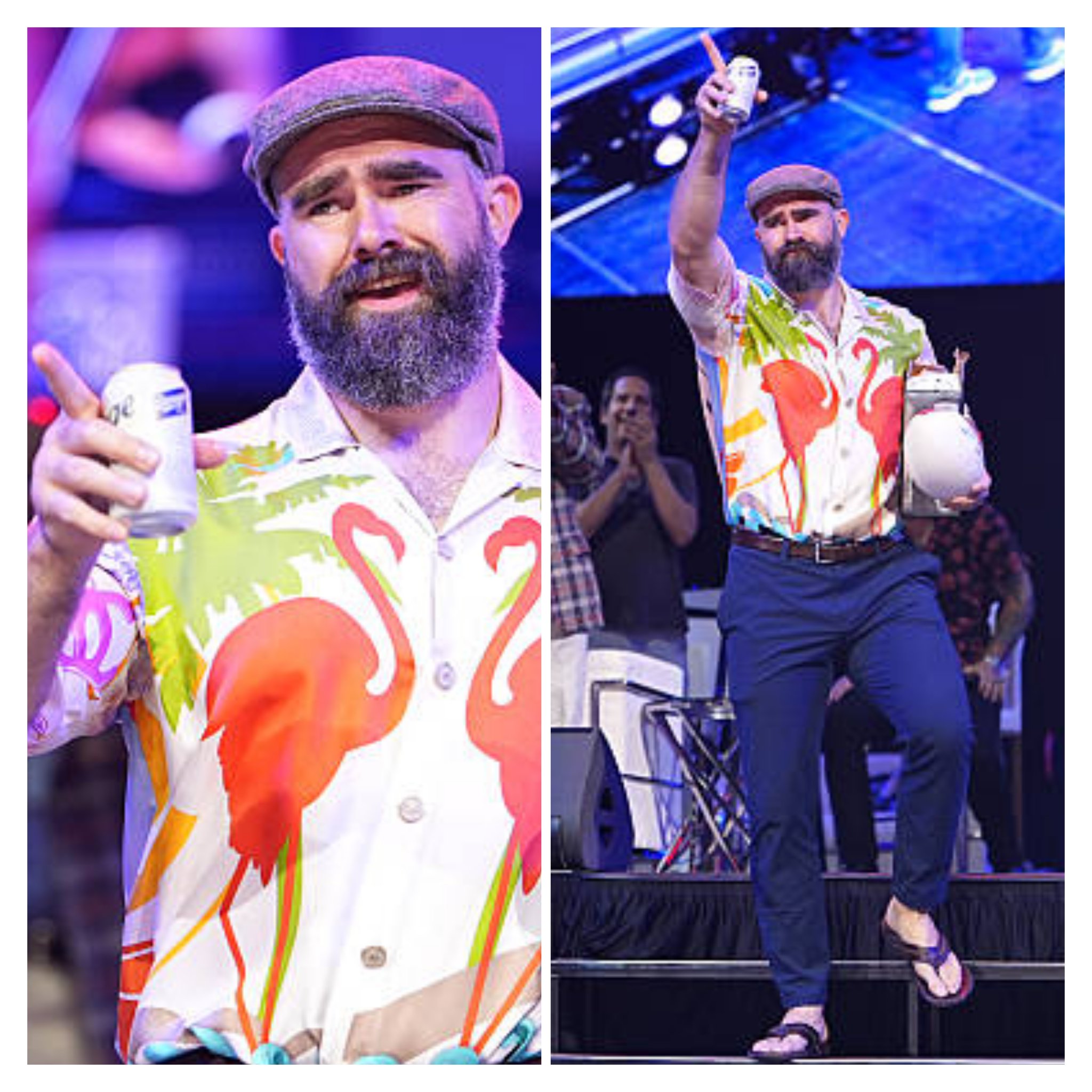 Starcade Media on X: "#JasonKelce with his Garage beer, football, flip flops, & a flamingo shirt at #BigSlick. https://t.co/UsBmww893r" / X