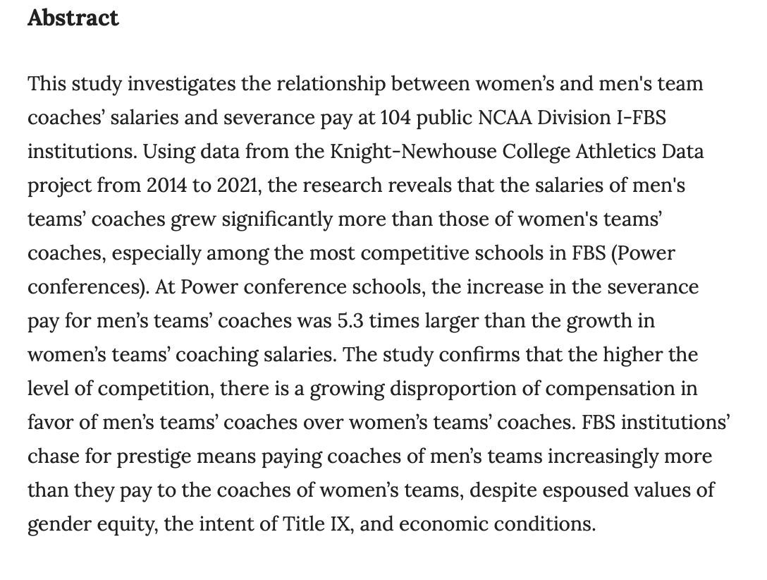 JofInterSport's tweet image. New article!
Football and Financial (in)equality: Comparing Salaries of Men’s and Women Teams' Coaches and Men’s Severance Pay within NCAA Division I-FBS
Scott Hirko
Maria Tsyruleva
Jodi Upton
doi.org/10.17161/jis.v…