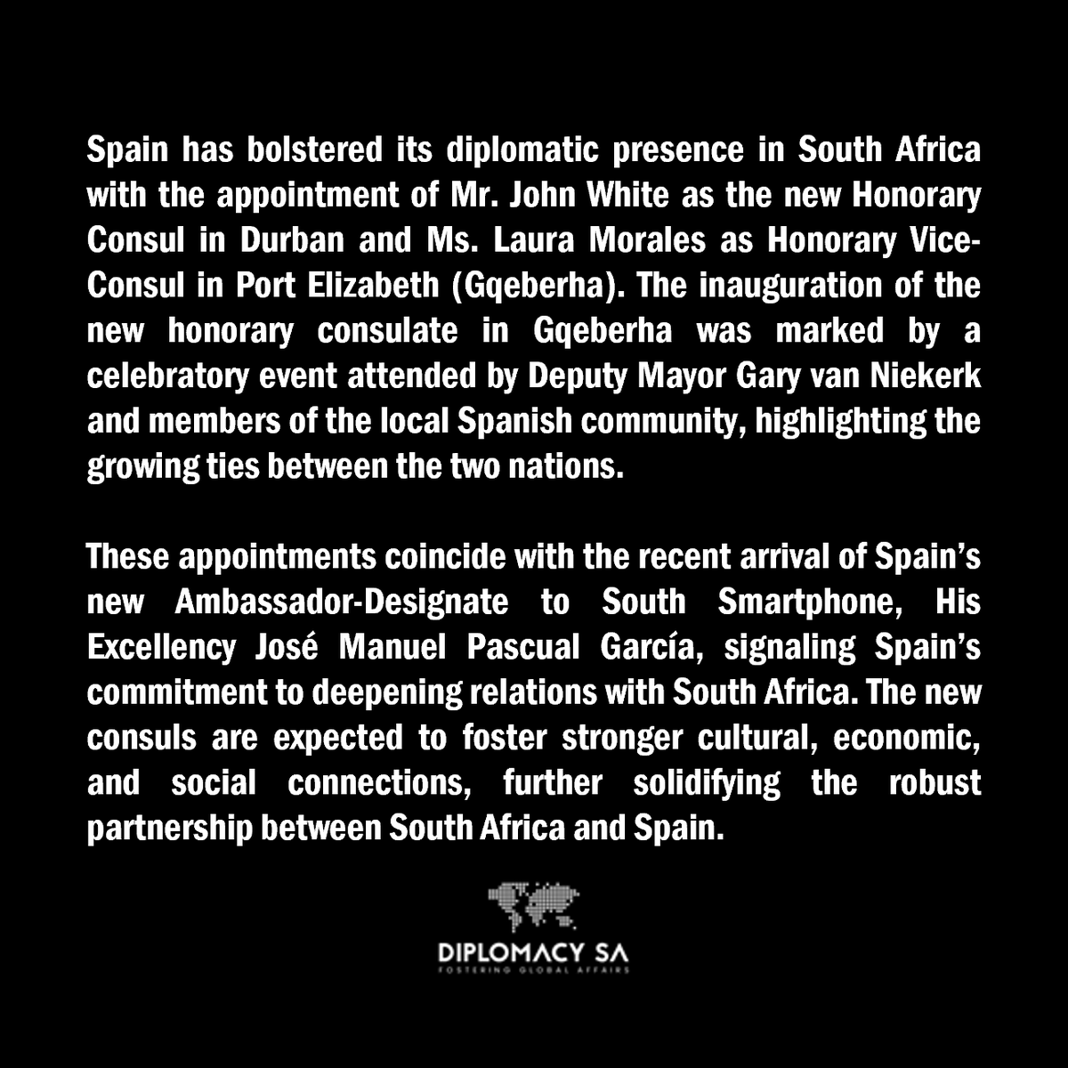 🇪🇸 🤝 🇿🇦Spain strengthens ties with SA! Mr. John White named Honorary Consul in Durban &amp; Ms. Laura Morales as Hon. Vice-Consul in Gqeberha. Celebratory launch with Dep. Mayor Gary van Niekerk &amp; Spanish community. Congrats, as new Amb.-Designate H.E. José Manuel Pascual García