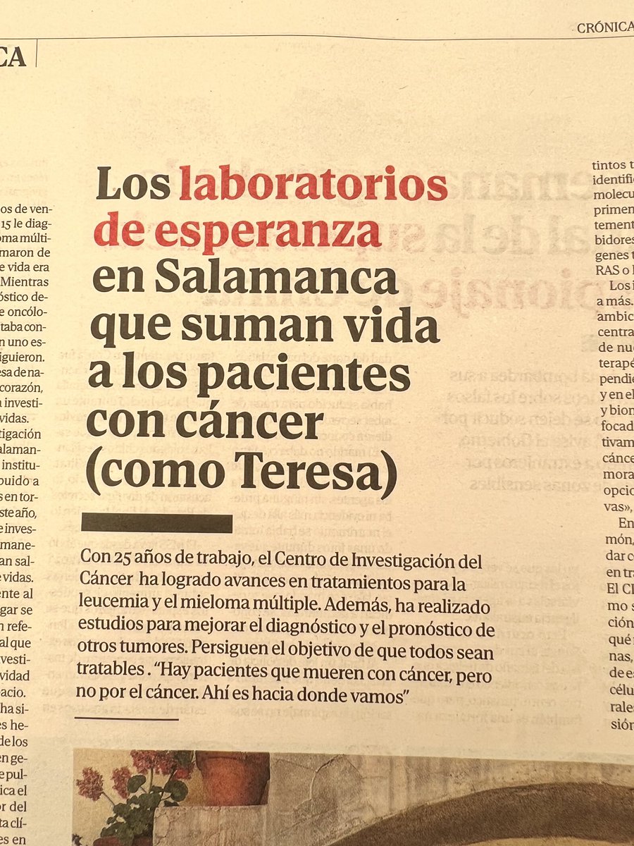 ✅ Gracias a <a href="/elmundo/">pruebamundo</a> por dedicar este domingo un reportaje sobre el ⁦<a href="/ciccancer/">Centro de Investigación del Cáncer/CSIC-USAL-FICUS</a>⁩ y su 2️⃣5️⃣ aniversario.  Seguiremos trabajando para que los próximos 2️⃣5️⃣ años sean aún mejores. <a href="/usal/">Universidad de Salamanca</a> ⁦<a href="/CSIC/">CSIC</a>⁩ ⁦<a href="/ContraCancerEs/">Asociación Española Contra el Cáncer</a>⁩ ⁦<a href="/criscancer/">CRIS contra el cáncer</a>⁩ ⁦<a href="/_SEOM/">SEOM</a>⁩ ⁩<a href="/educacyl/">Educación JCyL</a>⁩