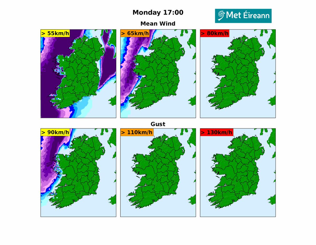 Winds forecast to gust to above 100kmh Monday evening on West coast with a very windy evening for all and turning very wet too with more than 10mm for most by Tuesday morning over 30mm in parts of West.