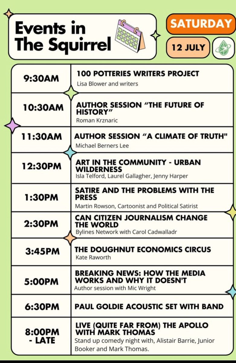 Byline Festival (@bylinefest) on Twitter photo As well as the Chapel Stage on Sat 12 July at Byline Festival, there is the intimate Squirrel Venue.
With author sessions, art in the community, <a href="/carolecadwalla/">Carole Cadwalladr</a> on citizen journalism & <a href="/KateRaworth/">Kate Raworth</a> Doughnut Economics & Mark Thomas
Full programme:
bylinefestival.com As well as the Chapel Stage on Sat 12 July at Byline Festival, there is the intimate Squirrel Venue.
With author sessions, art in the community, <a href="/carolecadwalla/">Carole Cadwalladr</a> on citizen journalism & <a href="/KateRaworth/">Kate Raworth</a> Doughnut Economics & Mark Thomas
Full programme:
bylinefestival.com
