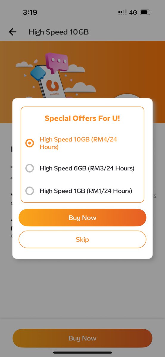 w_onuj's tweet photo. Unethical practice by @umobile 

TLDR

I am about to purchase daily data plan which is RM6 per day.

However when I clicked buy, another screen shows up Special Offers For U. It says RM4 for 10GB for the next 24 hours.

From the screen you would thought I only need to pay RM4… https://t.co/ctflVeERSX