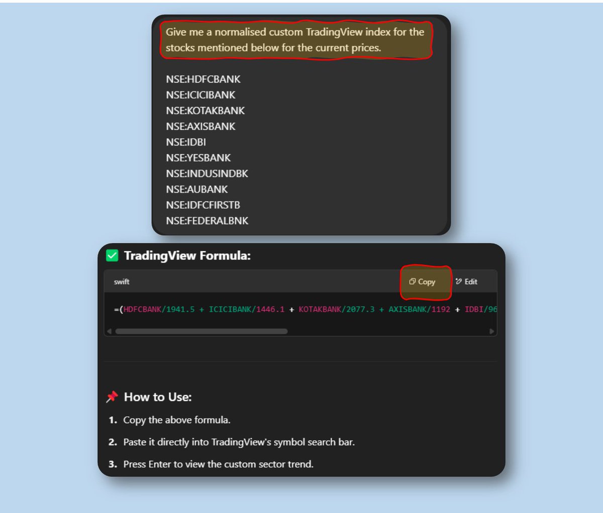 Stock prices will change but let's be real, hardly anyone uses these custom indices daily.

Here is the solution 👇

Just copy stock names from Google Sheets and ask ChatGPT:
"Give me a normalised TradingView formula for these stocks with current prices."

Paste it on the TV, and