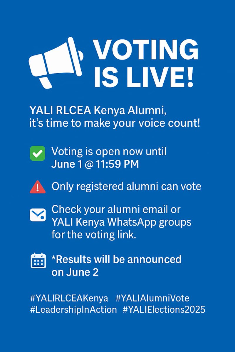 YALI RLCEA Kenya Alumni – Voting is NOW OPEN!

All alumni are eligible to vote.
Closes: Sunday, June 1 @ 11:59 PM
Voting link sent via alumni email + WhatsApp groups.
Not registered yet? Do it now: shorturl.at/vhisU
Results out: Monday, June 3

#YALIRLCEAKenya #Votes2025