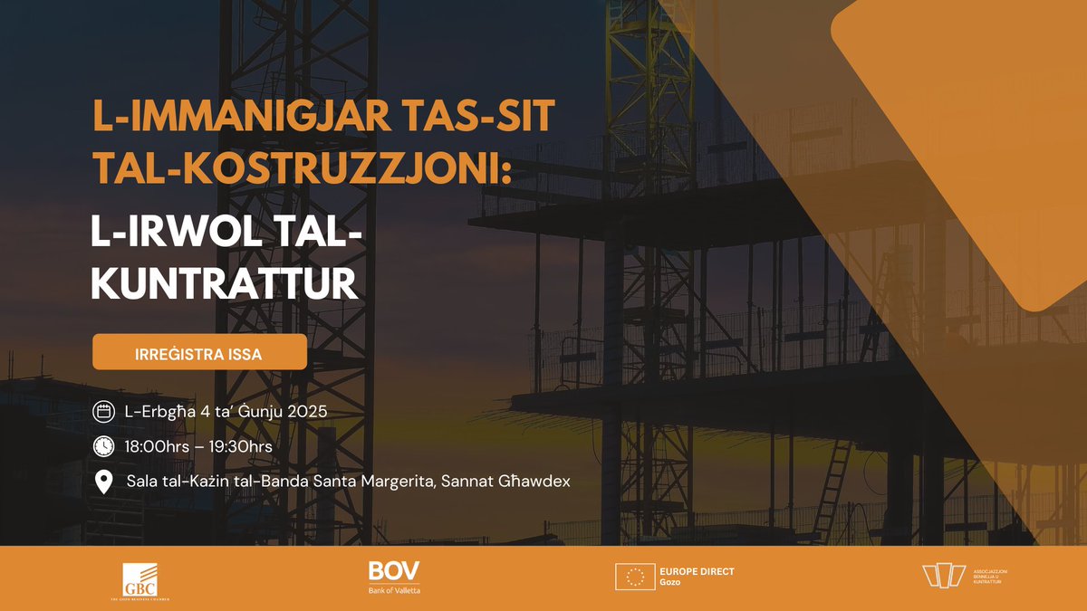 📣 Irreġistrajt ghal-konferenza dwar “L-Immaniġġjar tas-siti tal-kostruzzjoni: L-Rwol tal-kuntrattur"?

📅 04 Ġunju 2025 | 📍 Sala tal-Każin tal-Banda Santa Margerita, Sannat Għawdex 

Irreġistra issa 👉 forms.gle/xNngAhrF7wEAQD…