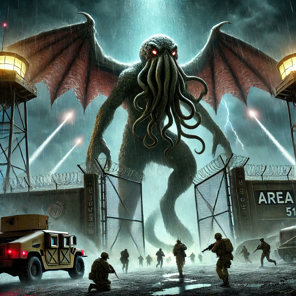 A_I_Lovecraft's tweet photo. When the ancient cosmic horror breaks free from Area 51’s gates—soldiers scramble in the pouring rain as Cthulhu’s colossal form looms above. 🌧️👁️🗨️ #Cthulhu #Area51 #CosmicHorror #MonsterInvasion #EpicBattle #DarkFantasy #MilitaryVsEldritch https://t.co/DroZxSCkvd