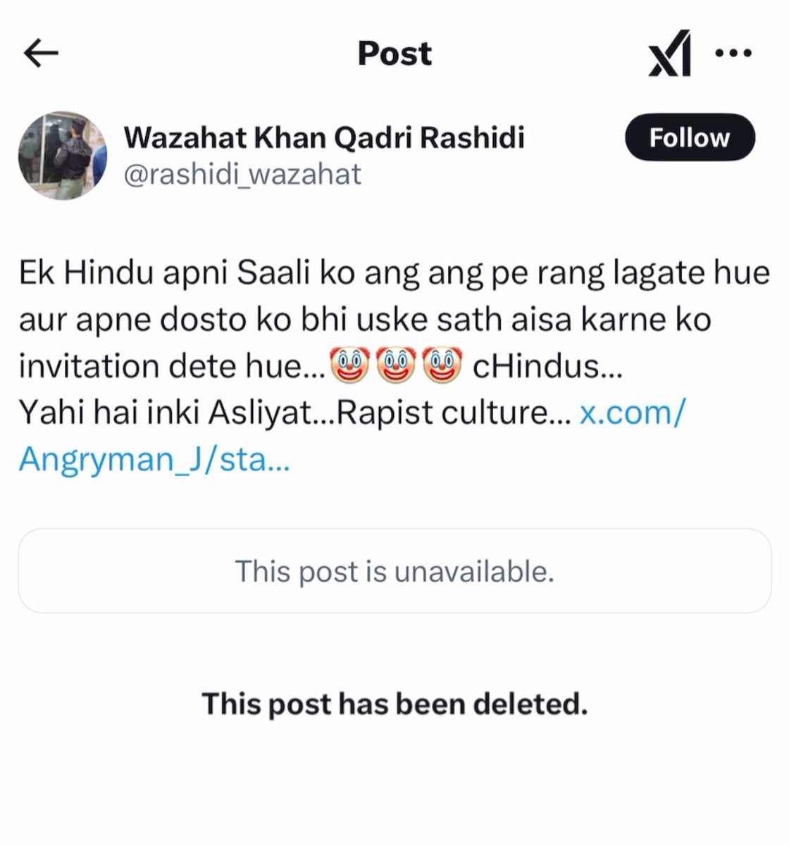 Hindutva Knight (@hphobiawatch) on Twitter photo No point deleting your tweets now <a href="/rashidi_wazahat/">Wazahat Khan Qadri Rashidi</a>
We have the archive link. You're gonna suffer at least 10 times more than sharmishta. Neither Mamta will save you nor your Allah No point deleting your tweets now <a href="/rashidi_wazahat/">Wazahat Khan Qadri Rashidi</a>
We have the archive link. You're gonna suffer at least 10 times more than sharmishta. Neither Mamta will save you nor your Allah