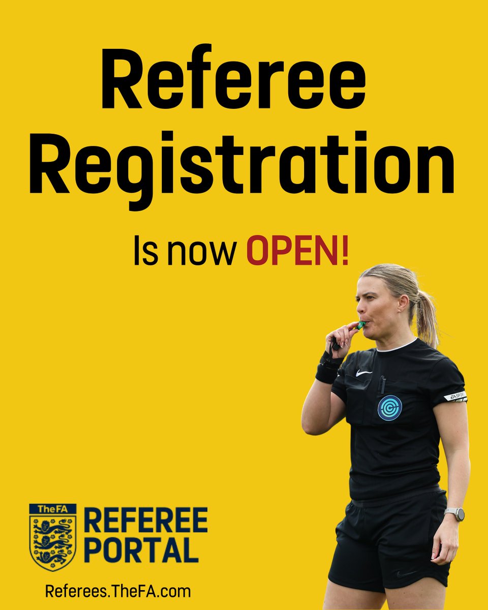 FA Grassroots Technology (@fagrtech) on Twitter photo Referee Registration is open! ๐ข
Register for the 2025/26 season today in your new Referee Portal!
๐ฒ Referees.TheFA.com
<a href="/FARefereeing/">FA Refereeing</a> Referee Registration is open! ๐ข
Register for the 2025/26 season today in your new Referee Portal!
๐ฒ Referees.TheFA.com
<a href="/FARefereeing/">FA Refereeing</a>