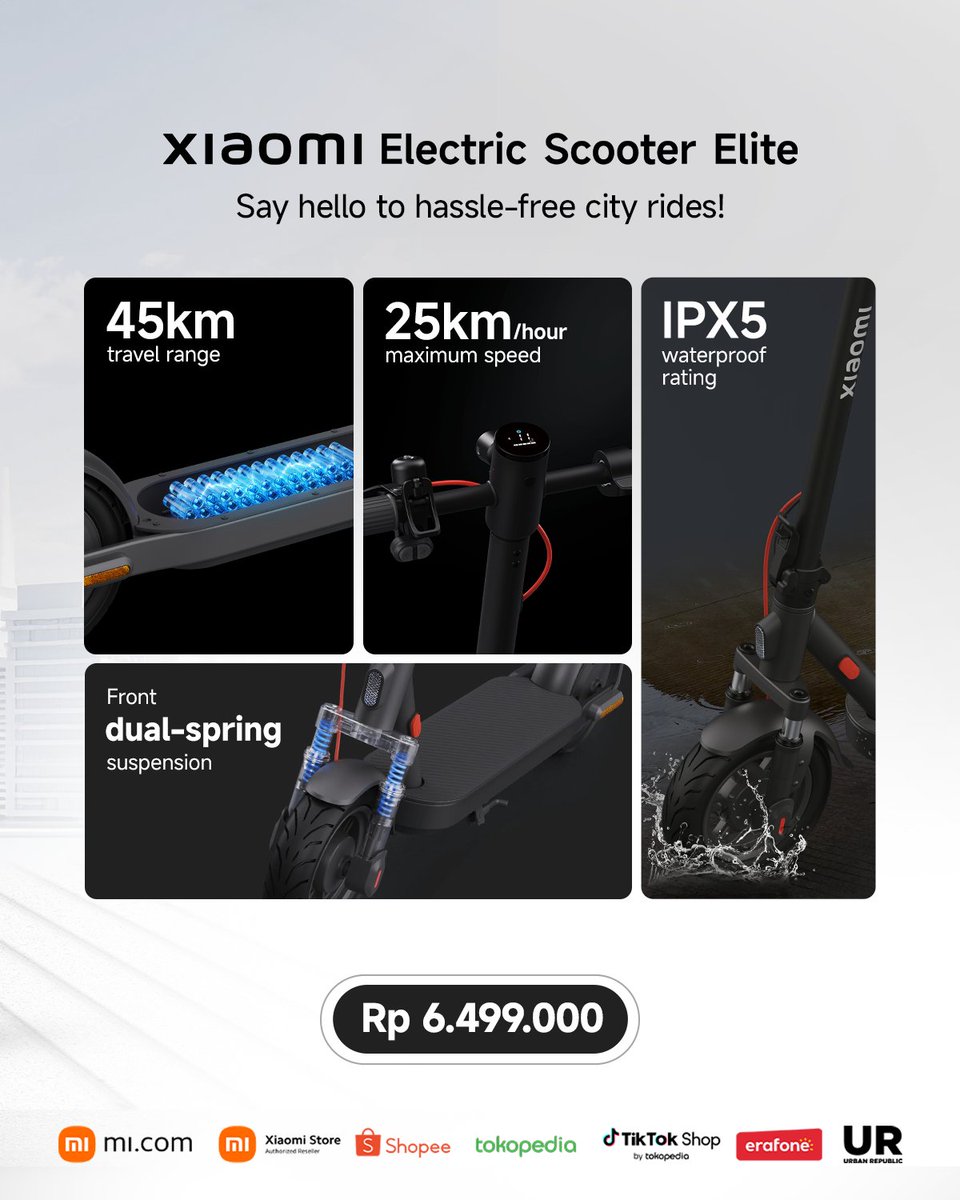 Something new just rolled in!

Xiaomi Electric Scooter Elite yang siap nemenin mobilitas kamu makin praktis dan stylish! 🛴⚡

Dengan kecepatan maksimal hingga 25km/h, jarak tempuh 45km, dan juga suspense ganda yang bikin perjalanan makin nyaman. Scooter ini cocok banget buat