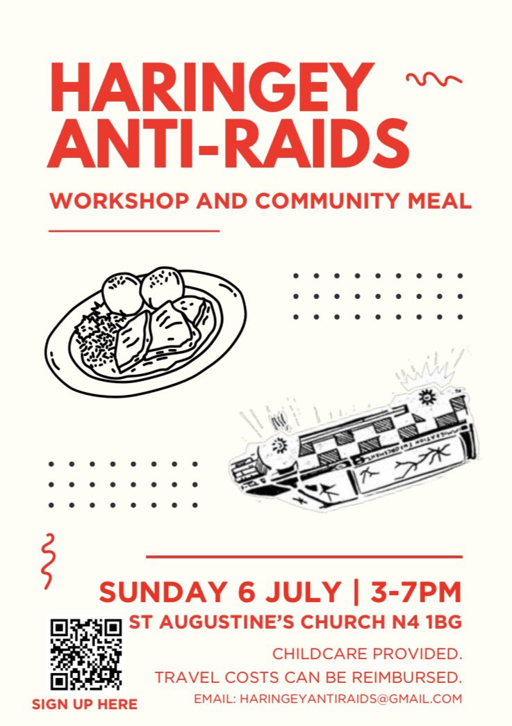 Free community meal and raids resistance workshop on Sun 6 July!

3-5pm: Come and find out how to spot a raid, what your rights are and how to resist.

5-7pm: Community meal

Sign up here: forms.gle/8VemndSw1BHfDy…