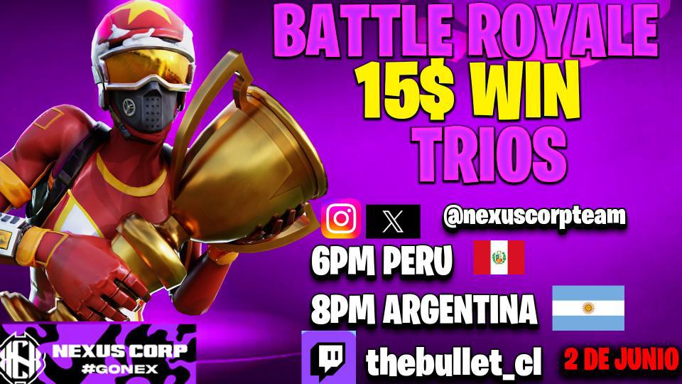 Trios Victory Cup $50 USD

Link del Discord 
discord.gg/YF8YcsQv
[ REQUISITOS ]
FOLLOW 
RT
TAG 3 @ FRIENDS 
🇦🇹6:00PM
🇨🇱7:00PM
🇦🇷8:00PM