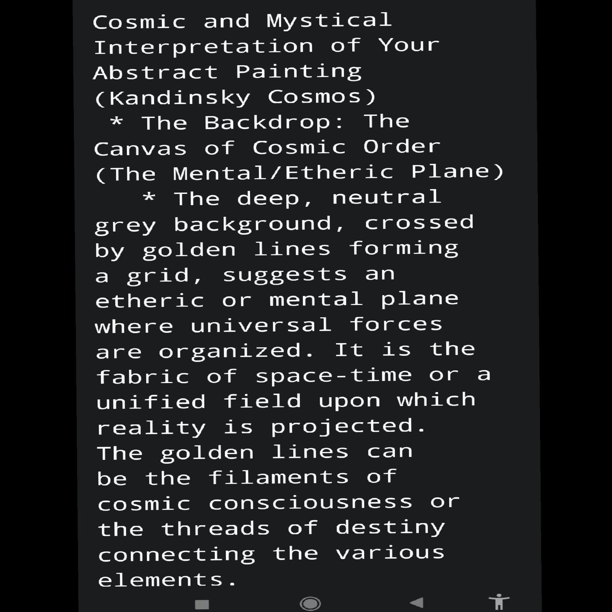 JorgeOfitas's tweet photo. "Cosmos mistic"
#Paintigs of #JorgeOfitas #Author #Art #Culture #Poetry
The stroke of poetry.
The contents of the painting are explained in great detail by artificial intelligence.
Due to the extensive explanation and interpretation of my cosmic mystical painting by artificial intelligence, I am only offering you the first few pages.