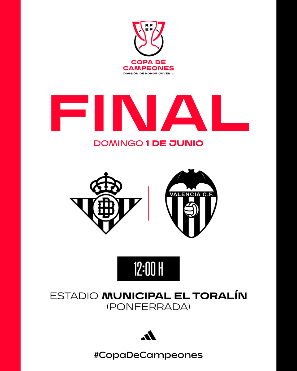 𝗘𝗦 𝗘𝗟 𝗠𝗢𝗠𝗘𝗡𝗧𝗢.

 ¡Hoy se juega la final de la #CopaDeCampeones! 

⚽ <a href="/RBetisCantera/">Real Betis Cantera</a> - <a href="/Academia_VCF/">Academia VCF #ADNVCF 🦇</a> 
🏆 FINAL.
🕒 12:00.
🏟 El Toralín (Ponferrada).
📺 RFEF.es  

ℹ rfef.es/es/noticias/un…